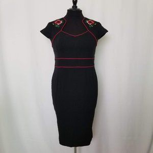 Black Pencil Dress with Cap Sleeves and Floral Accents 2XL by Hell Bunny